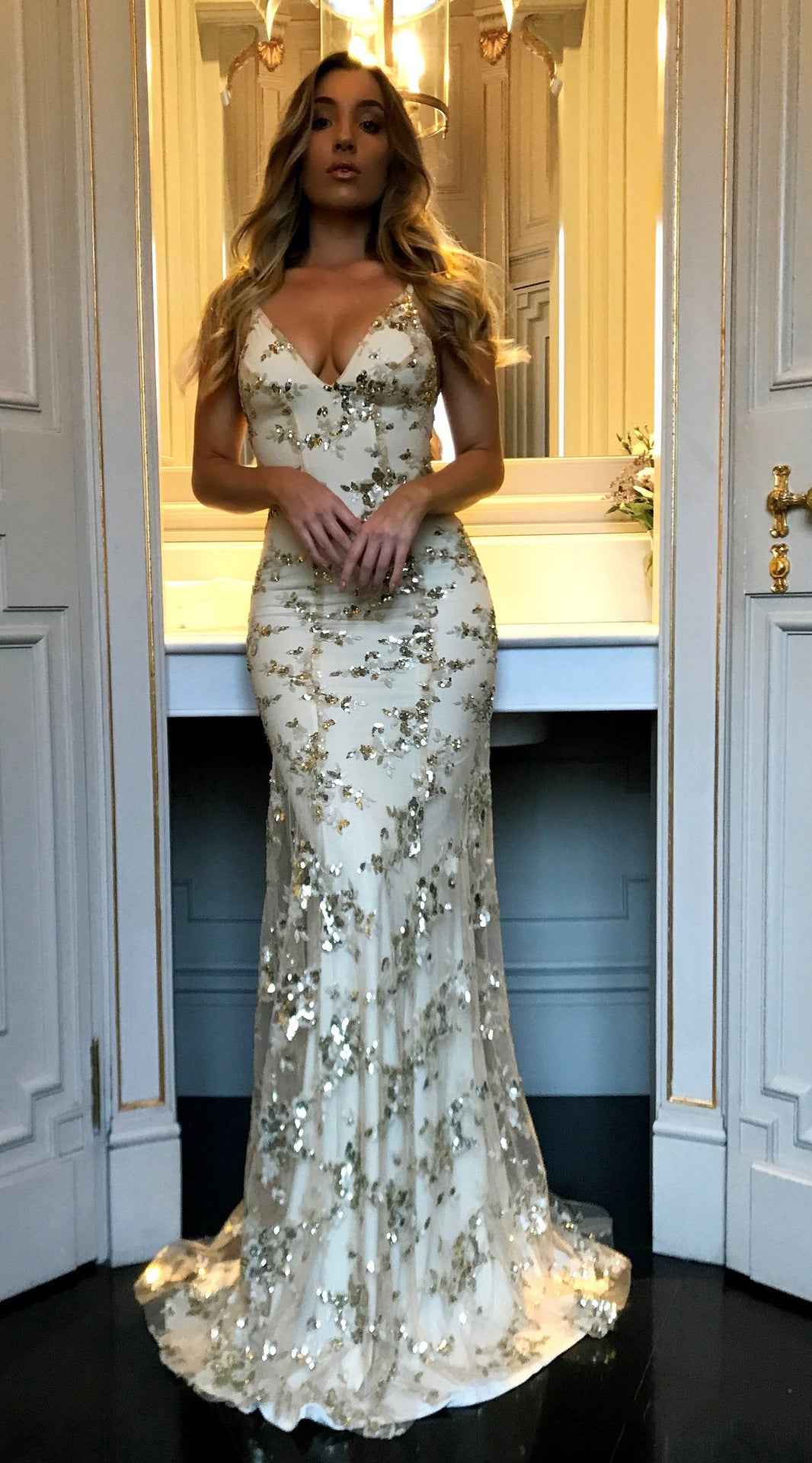 V-Neck Sequin Midi Dress - Spaghetti Strap Slip Style