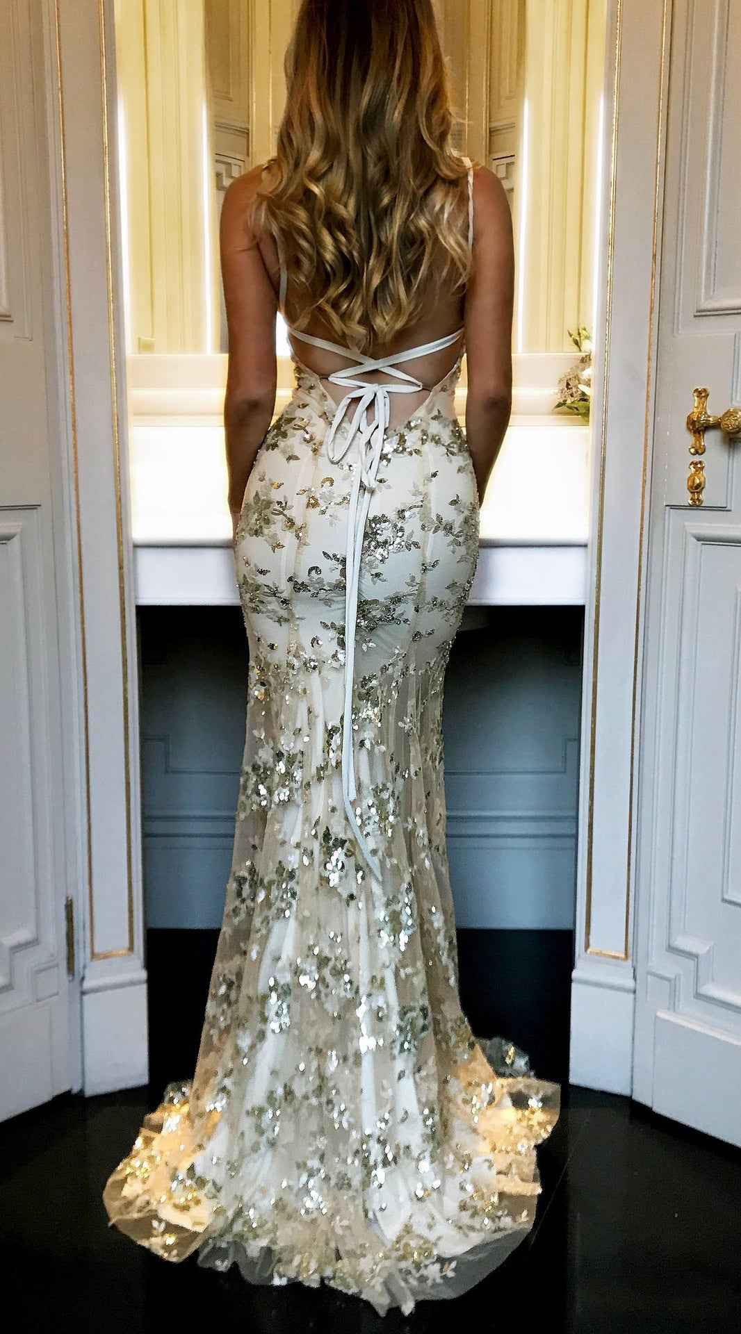 Sequin Lace-Up Back Maxi Dress - Deep V-Neck Spaghetti Strap Gown