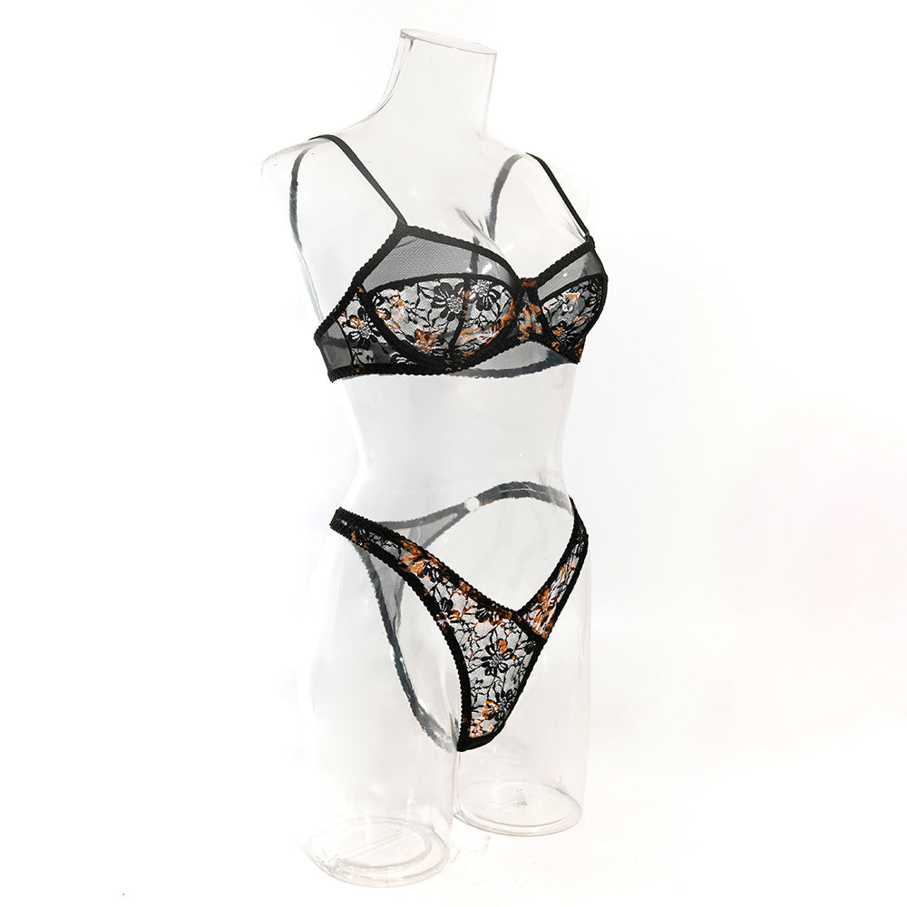 Gold Floral Lace Lingerie Set - Underwire Bra & Thong