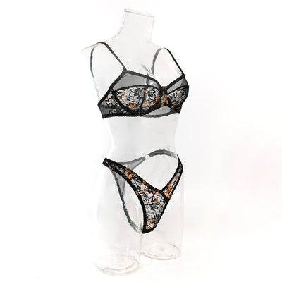 Gold Floral Lace Lingerie Set - Underwire Bra & Thong