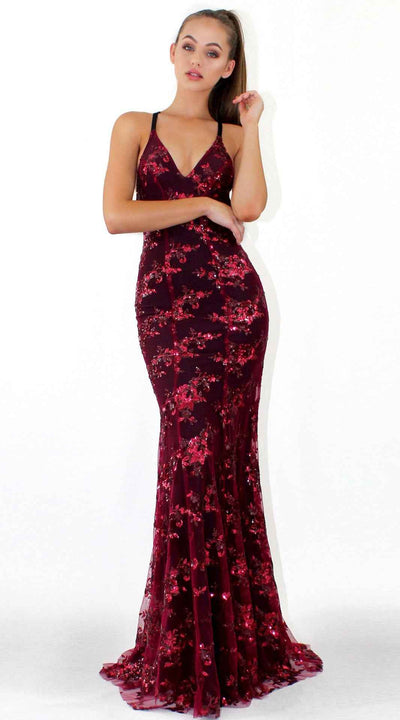 Sequin Lace-Up Back Maxi Dress - Deep V-Neck Spaghetti Strap Gown