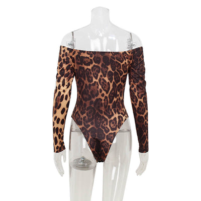 Leopard Print Off-Shoulder Bodysuit - Long Sleeve Thong Back