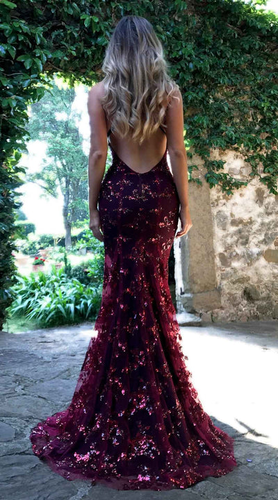 Sequin Lace-Up Back Maxi Dress - Deep V-Neck Spaghetti Strap Gown