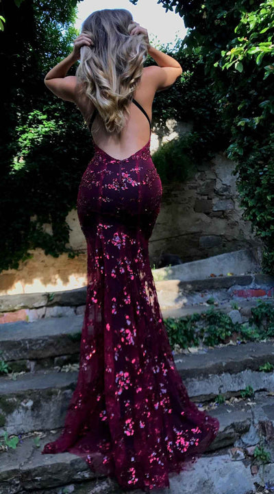 Sequin Lace-Up Back Maxi Dress - Deep V-Neck Spaghetti Strap Gown