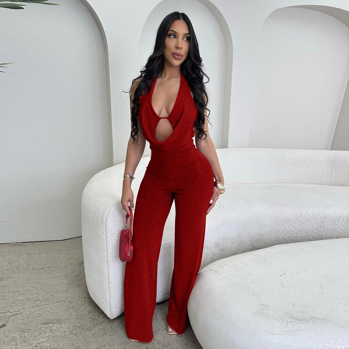 Red Halter Tie Backless Jumpsuit - Deep V Keyhole Wide Leg Flare
