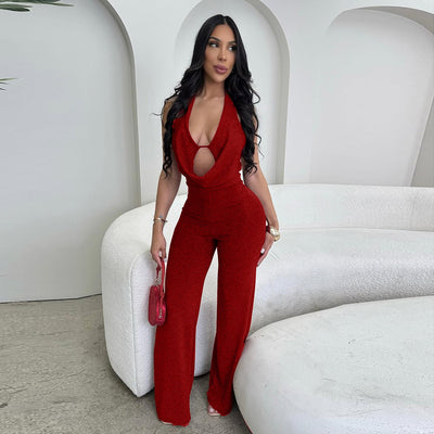 Red Halter Tie Backless Jumpsuit - Deep V Keyhole Wide Leg Flare