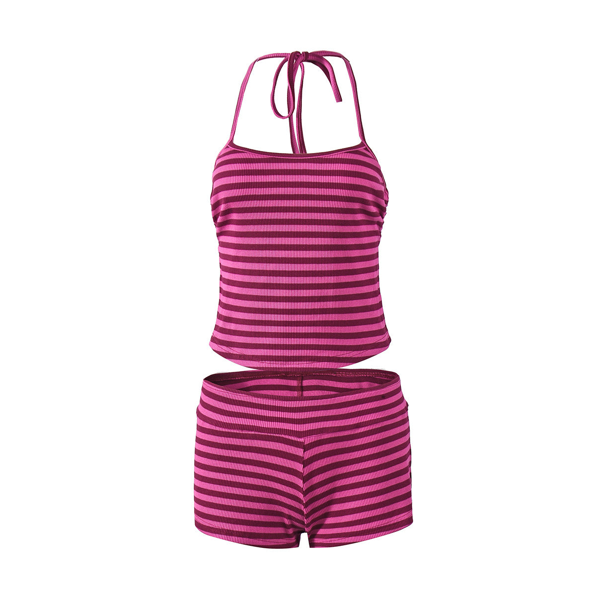 Striped Halter Neck Outfit - Crop Top Shorts Set