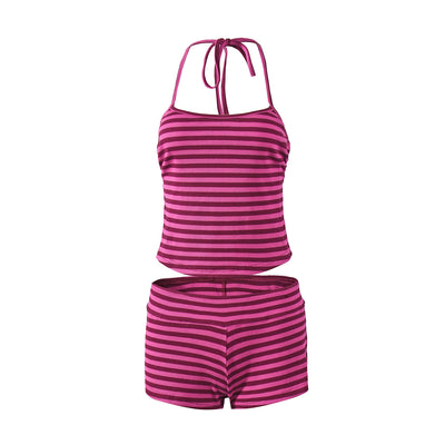 Striped Halter Neck Outfit - Crop Top Shorts Set
