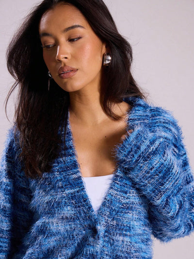 Melange Fleece Long Sleeve Cardigan - Vintage Deep V-Neck