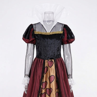 Front view Queen-style cosplay dress with black velvet bodice, heart-print skirt, puff sleeves