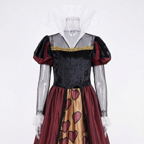 Front view Queen-style cosplay dress with black velvet bodice, heart-print skirt, puff sleeves