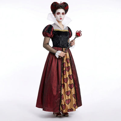 Queen-style cosplay dress with heart-print panels, black bodice, burgundy skirt, rose prop
