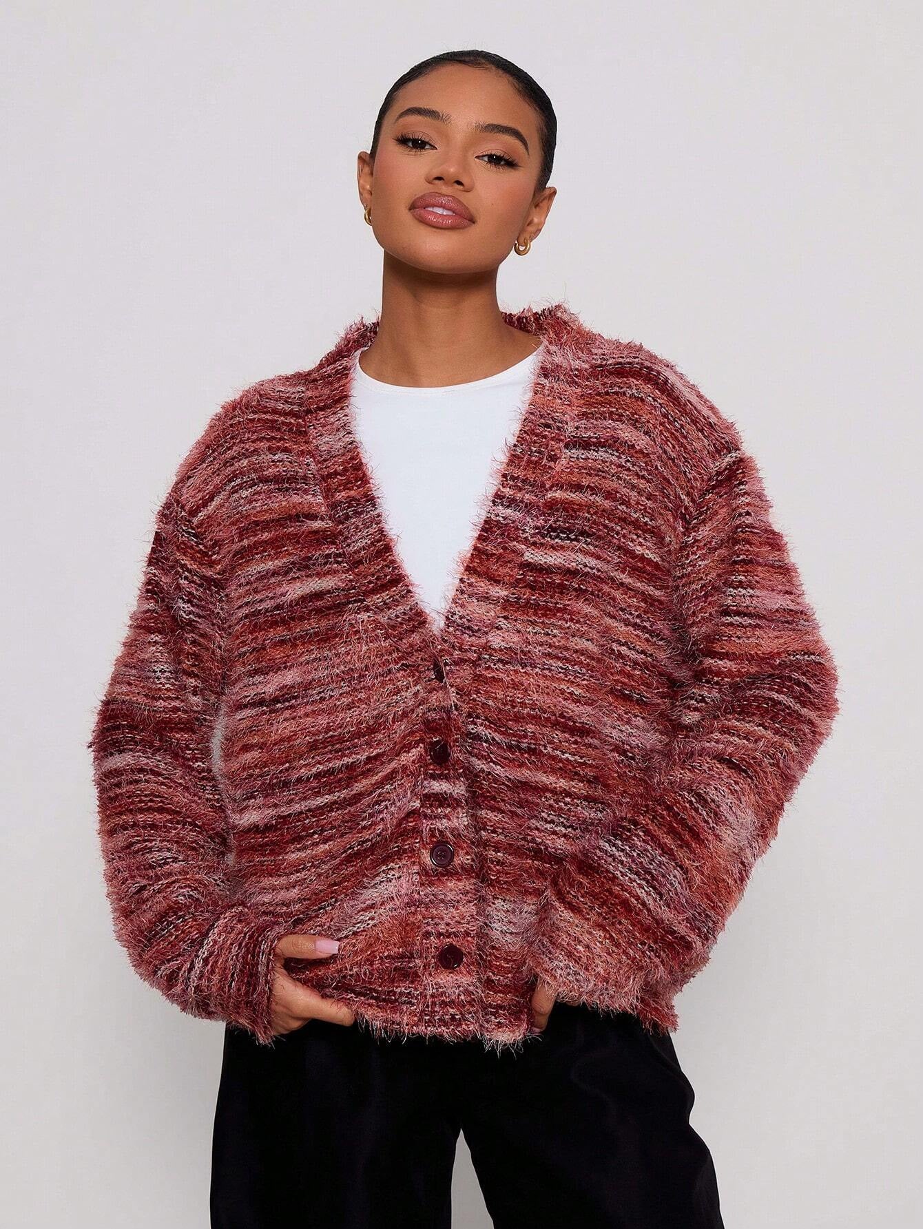 Melange Fleece Long Sleeve Cardigan - Vintage Deep V-Neck