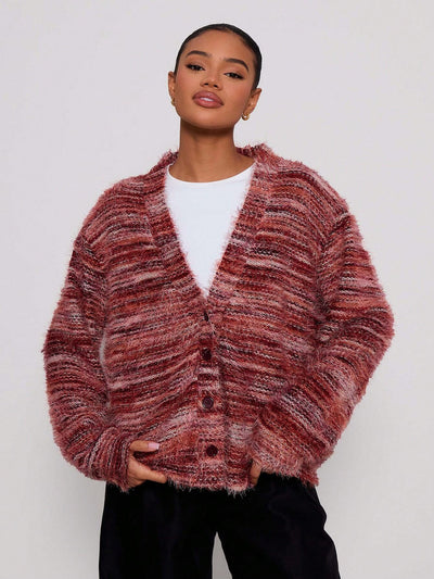 Melange Fleece Long Sleeve Cardigan - Vintage Deep V-Neck