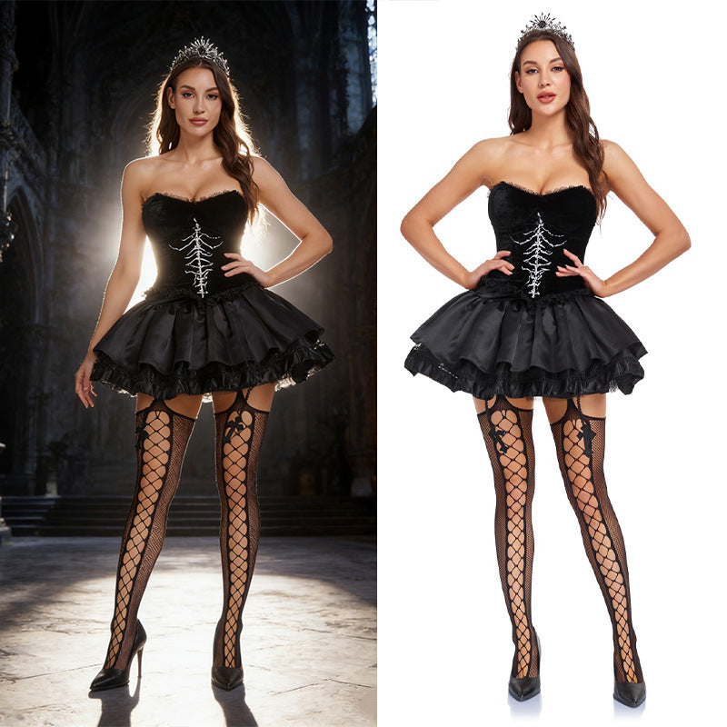 Gothic Halloween Corset Costume - Rhinestone Mini Dress