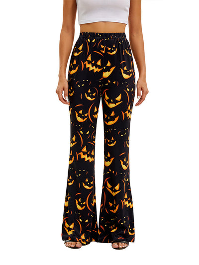 Women’s wide-leg trousers with elastic waist, black with orange jack-o’-lantern print