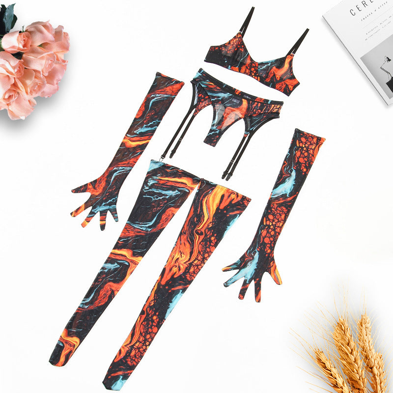 Abstract Print Mesh Five-Piece Lingerie Set - Garter and Gloves