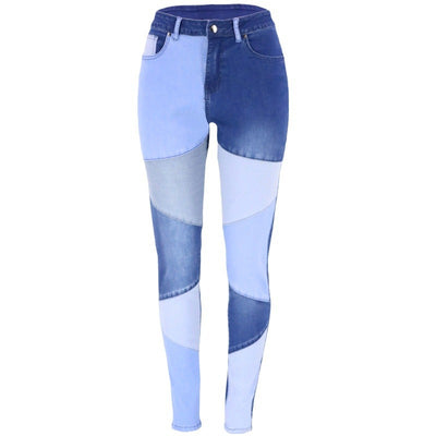 Autumn new blue and black two-color splicing trendy cotton washed denim high waisted plus size women's clothing