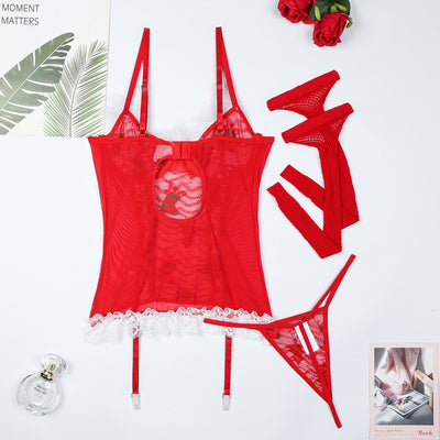 Red lace lingerie set with white lace trim, bows, and garter straps, matching thong