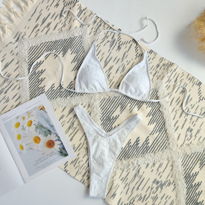 Lace Triangle Halter Bikini Set - Three Piece with Mini Skirt