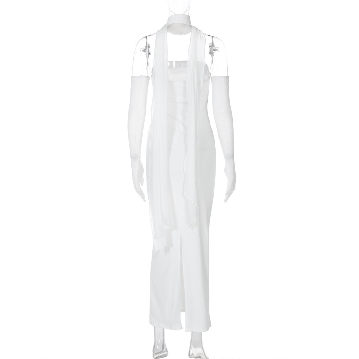 Halter Neck Strapless Maxi Dress - Open Back Mesh Glove Column Gown