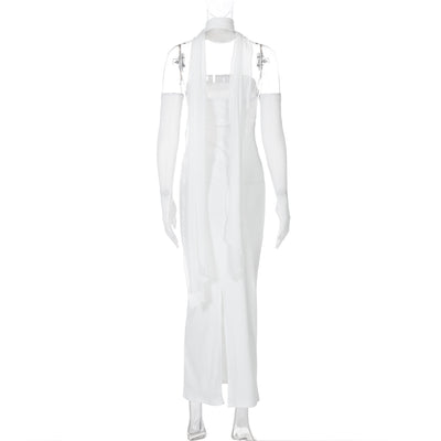 Halter Neck Strapless Maxi Dress - Open Back Mesh Glove Column Gown