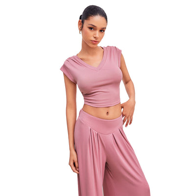 Pink V-Neck Crop Top Wide Leg Pants Set - Pleated Shoulder