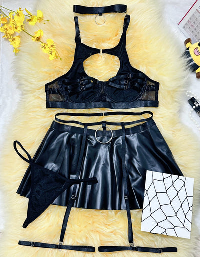 Lingerie Skirt Set - Lace Bra with Fishnet Stockings - Fashions Envy