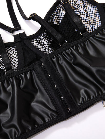 Plus Size PU Leather Lingerie Set - Fishnet Garter Harness