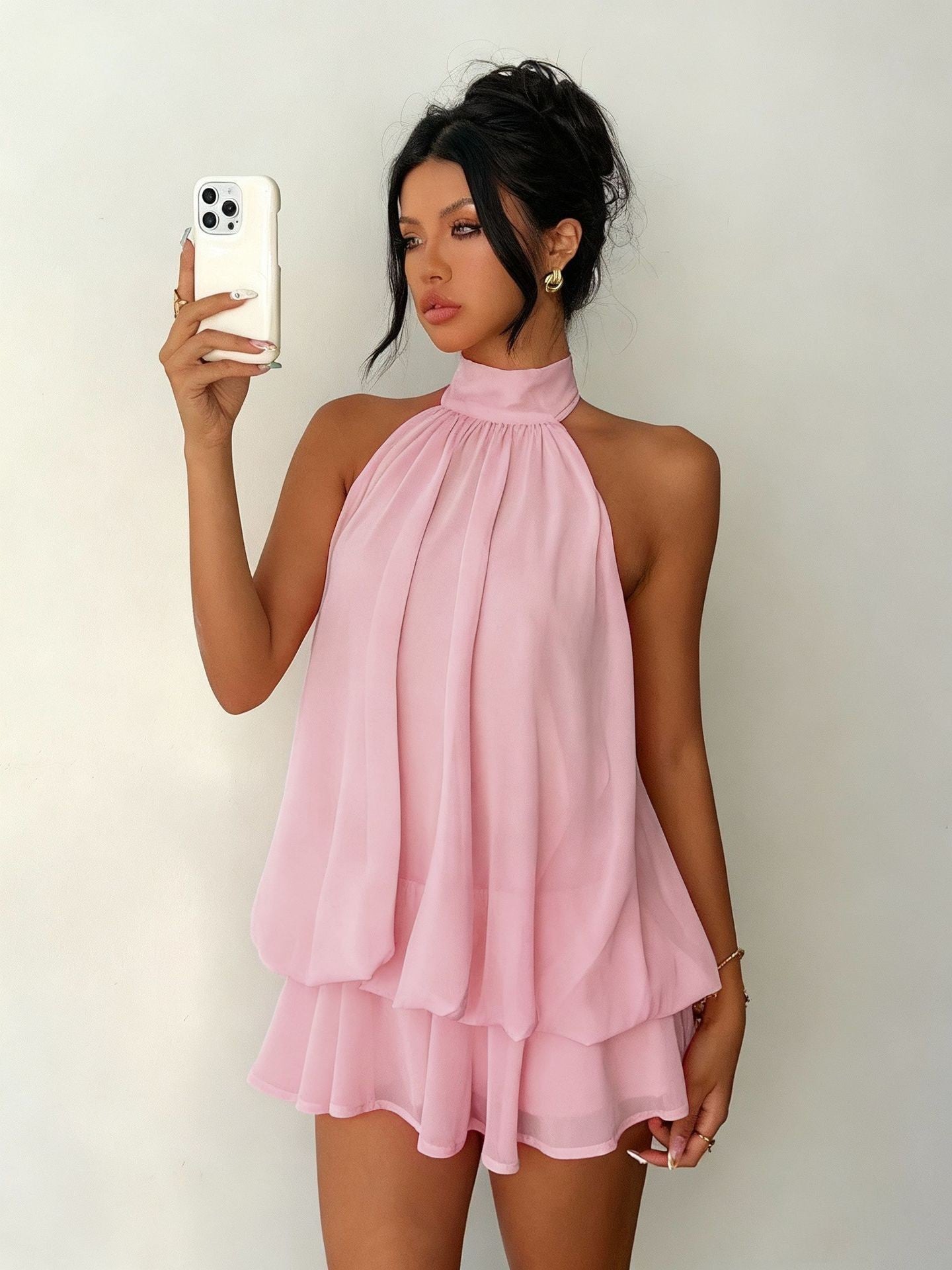 Backless Halter Neck Tiered Mini Dress - Chiffon Vacation Dress
