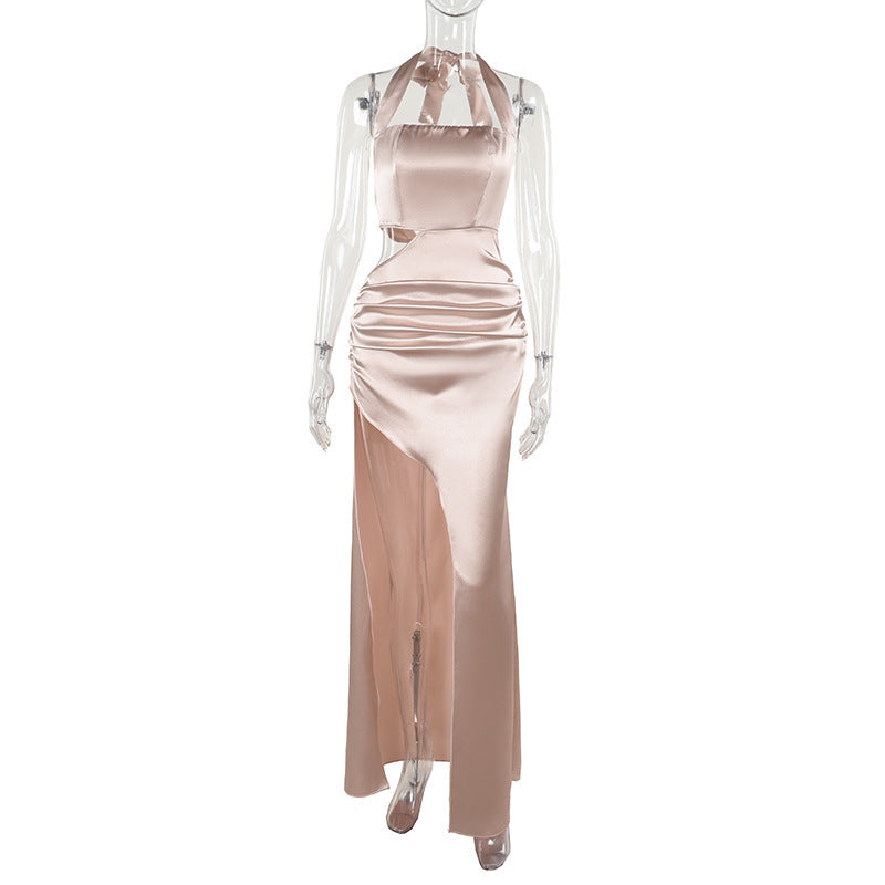 Champagne Satin Halter Maxi Dress - Cutout Waist Ruched Slit Mermaid Gown