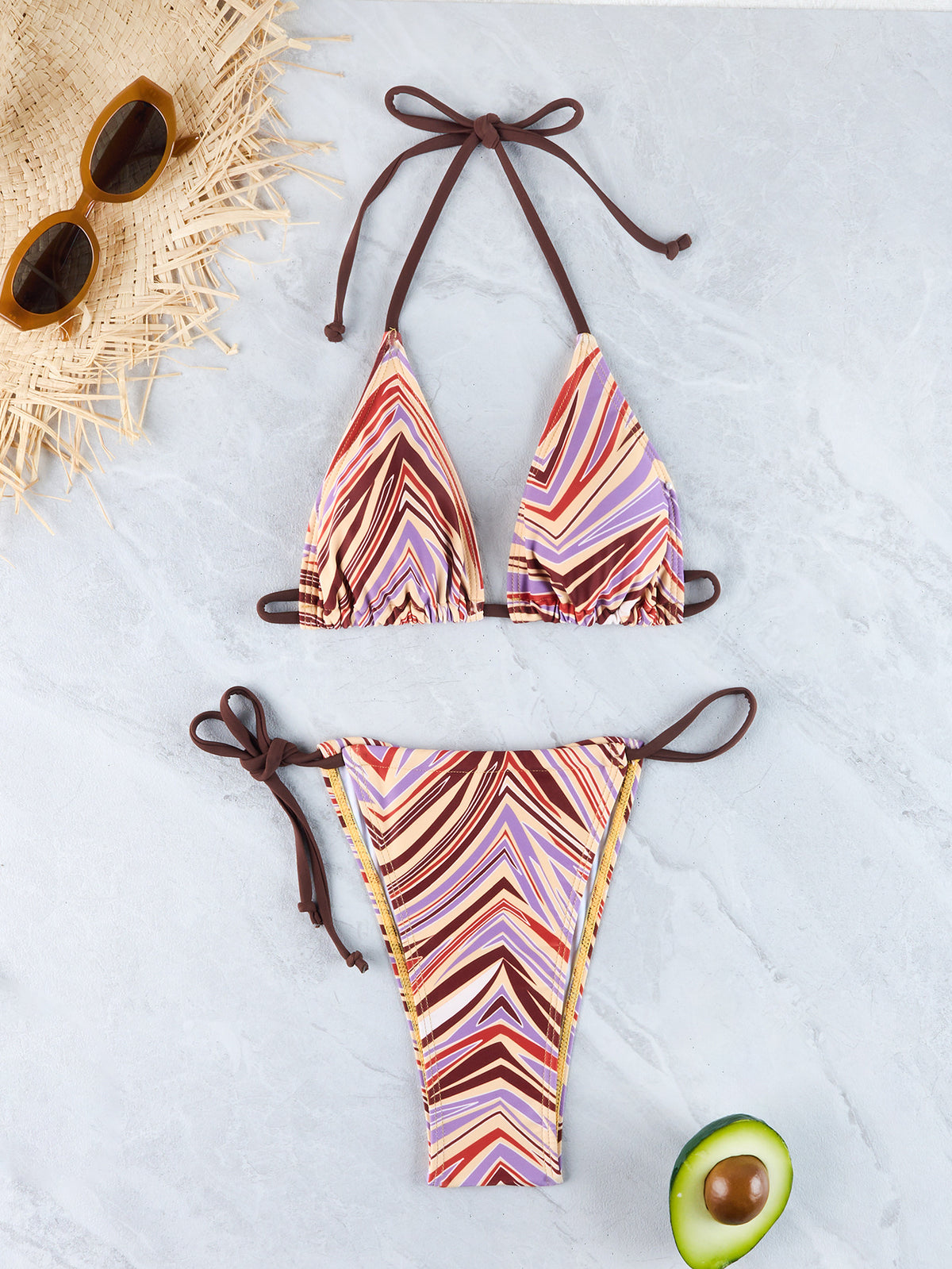 Red, orange, and purple chevron halter triangle bikini set with string bottoms