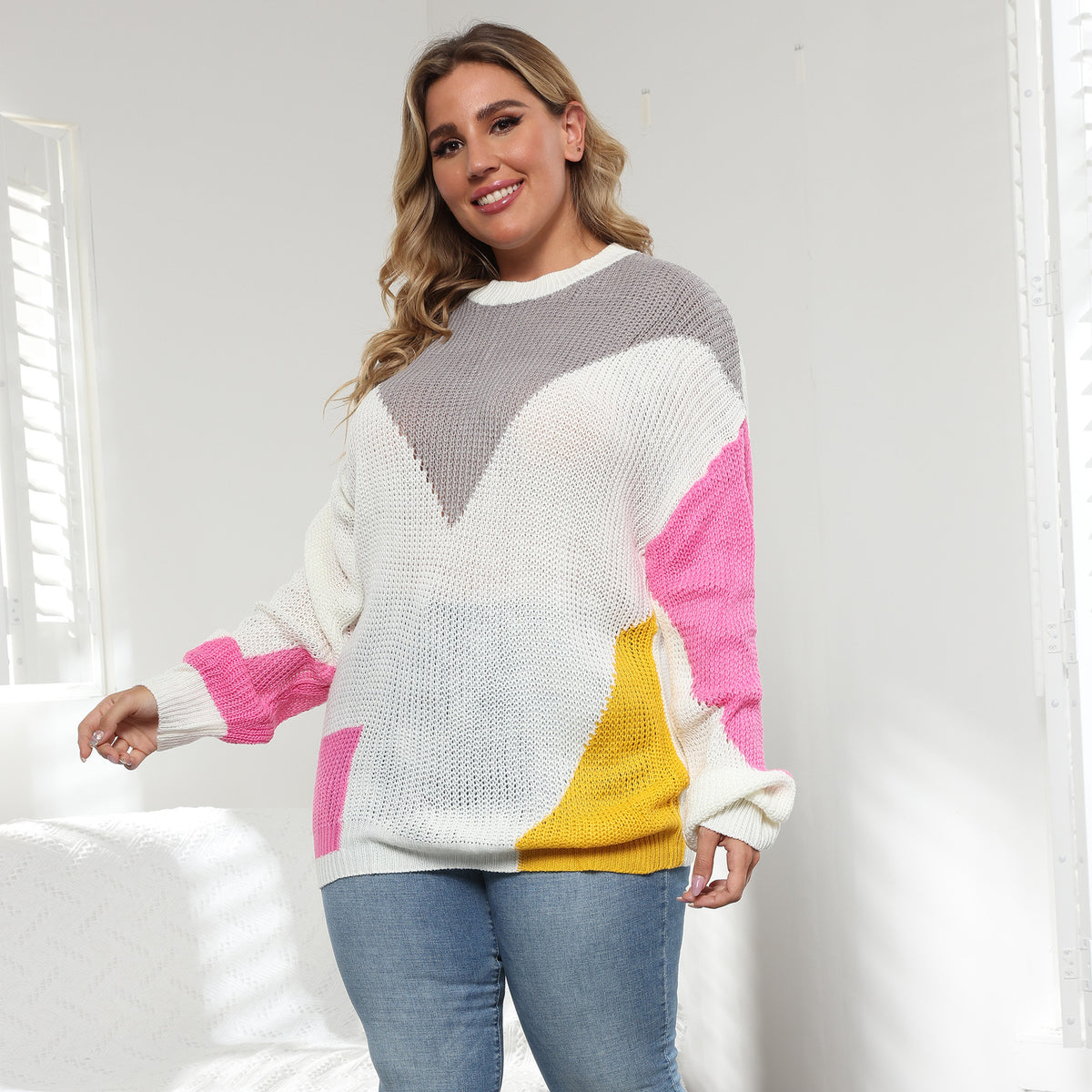 Color-block plus size knit sweater with crewneck, long sleeves in gray/white/pink/yellow