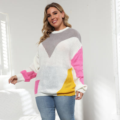 Color-block plus size knit sweater with crewneck, long sleeves in gray/white/pink/yellow