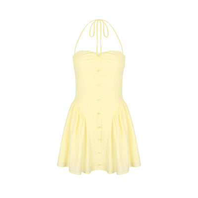 Yellow Summer Mini Dress - Slim Backless Waist-Cinching Design