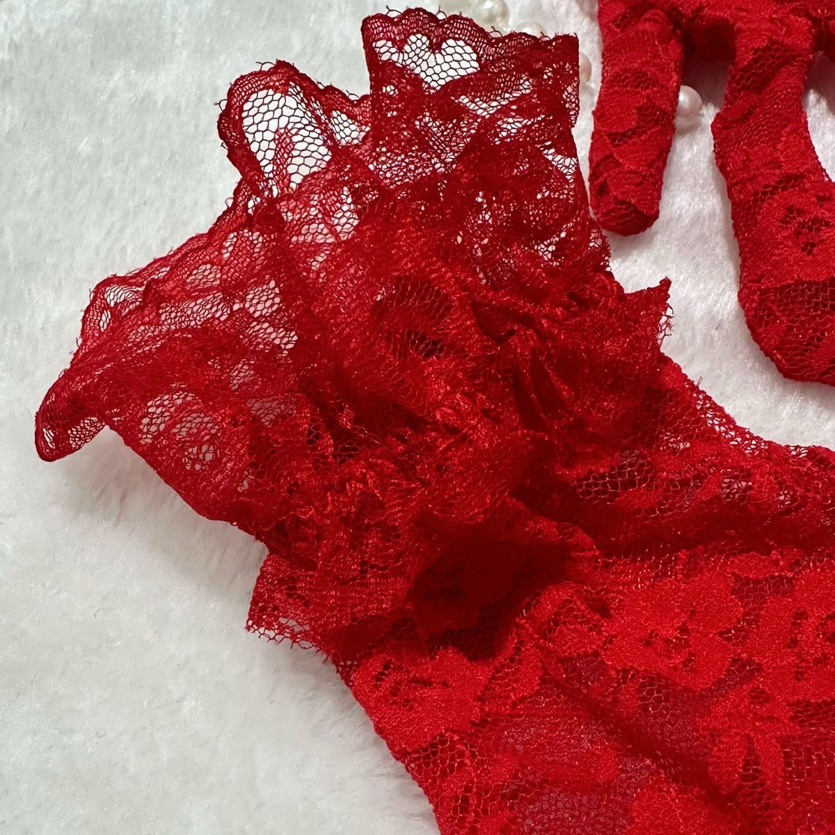Sheer red floral lace lingerie garter belt piece, scalloped edges and lace overlay.