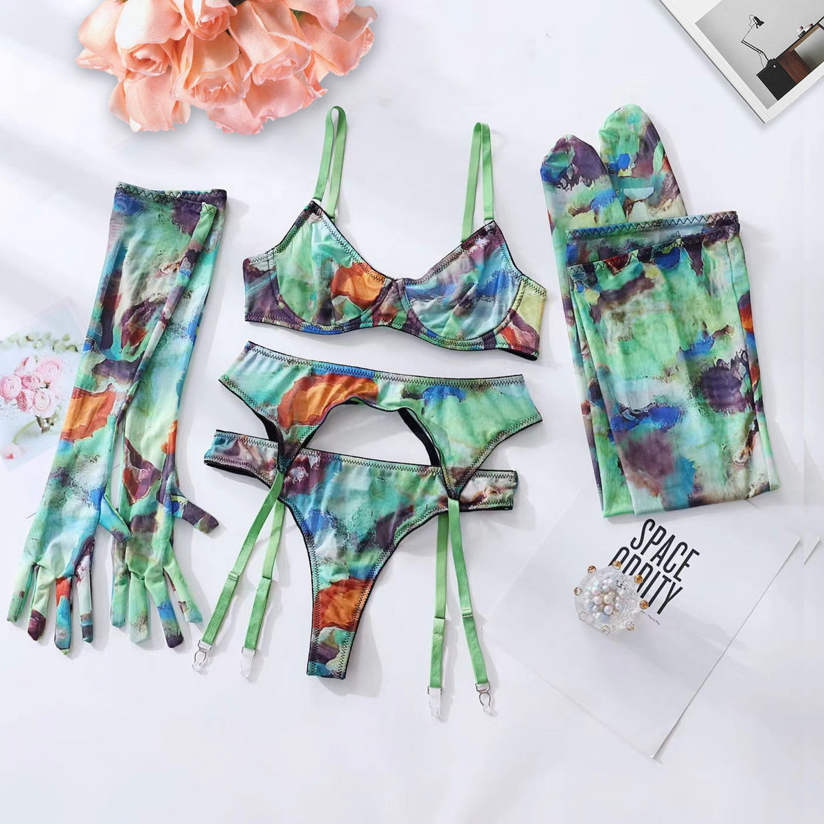 Abstract Print Mesh Five-Piece Lingerie Set - Garter and Gloves