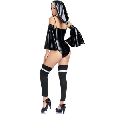 Black nun costume with off-shoulder cape sleeves, cross front, and knee-high striped socks