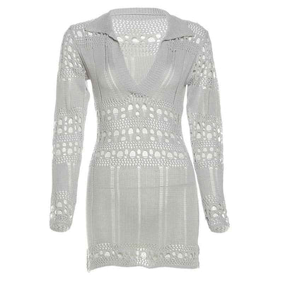 Knit Hollow-Out Bodycon Mini Dress - Ripped Deep V-Neck