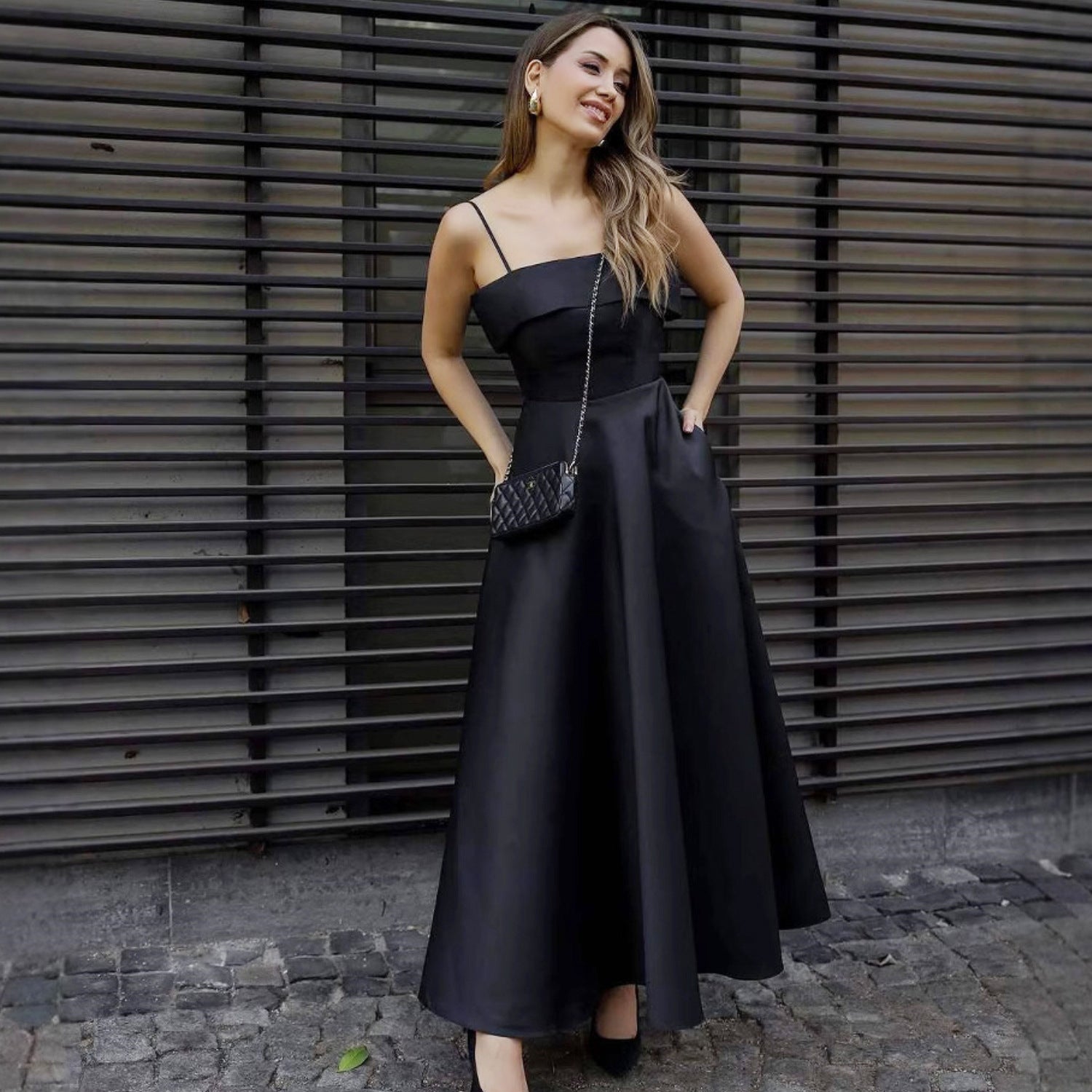 Satin Suspender Dress - Sleeveless Evening Gown - Fashions Envy