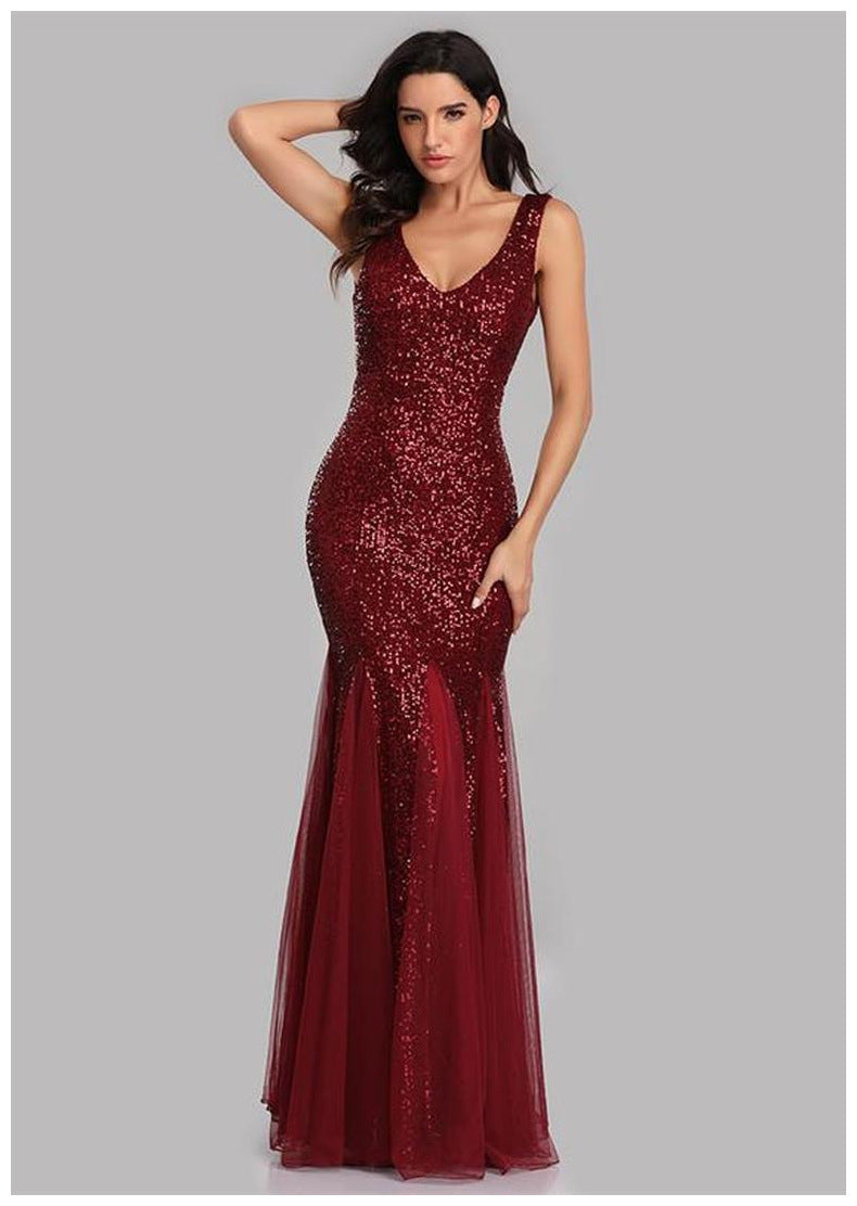 Sequin Mermaid Fishtail Evening Gown - Double V-Neck Tulle Hem