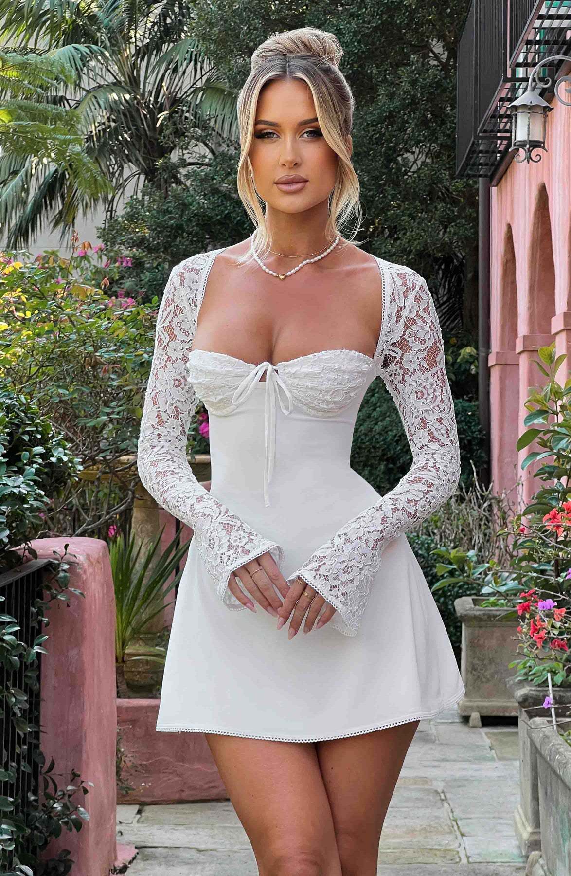 Lace Mini Dress - Long Sleeve Backless Party Dress