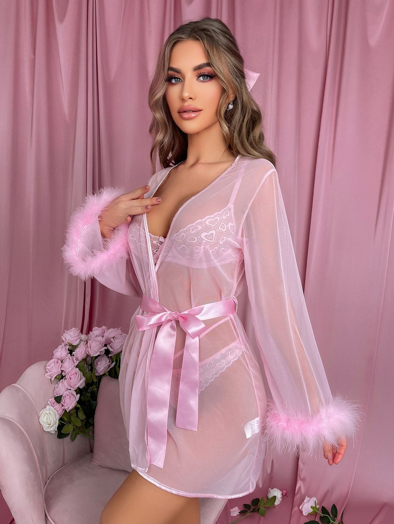 Lace Bra Lingerie Set - Sheer Feather Cuff Robe Included