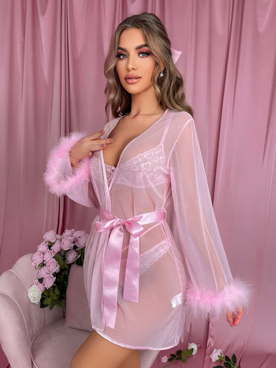Lace Bra Lingerie Set - Sheer Feather Cuff Robe Included