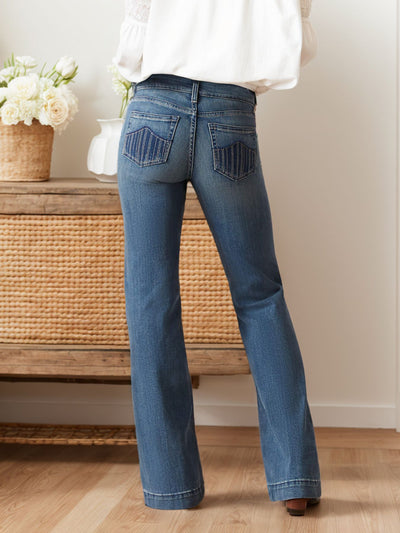 Retro Flare Jeans - Striped Back Pockets & Belt Loops