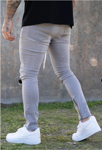 Paint Splatter Ripped Skinny Jeans Men - Script Ankle Zip