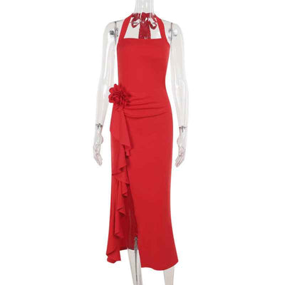 Elegant Three-dimensional Flower Maxi Dress - Sleeveless Halter