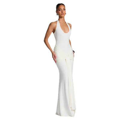 Open Back Pleated Dress - Patchwork Bodycon Gown