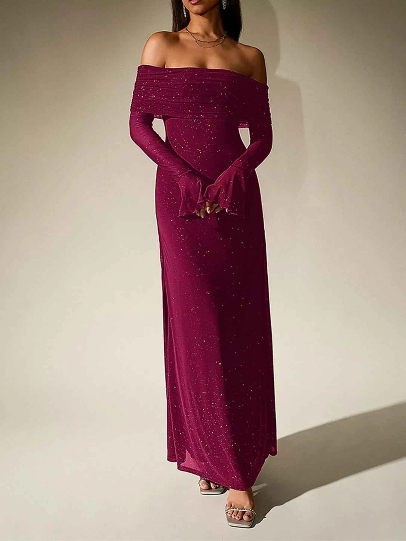 Glitter Off-Shoulder Maxi Dress
