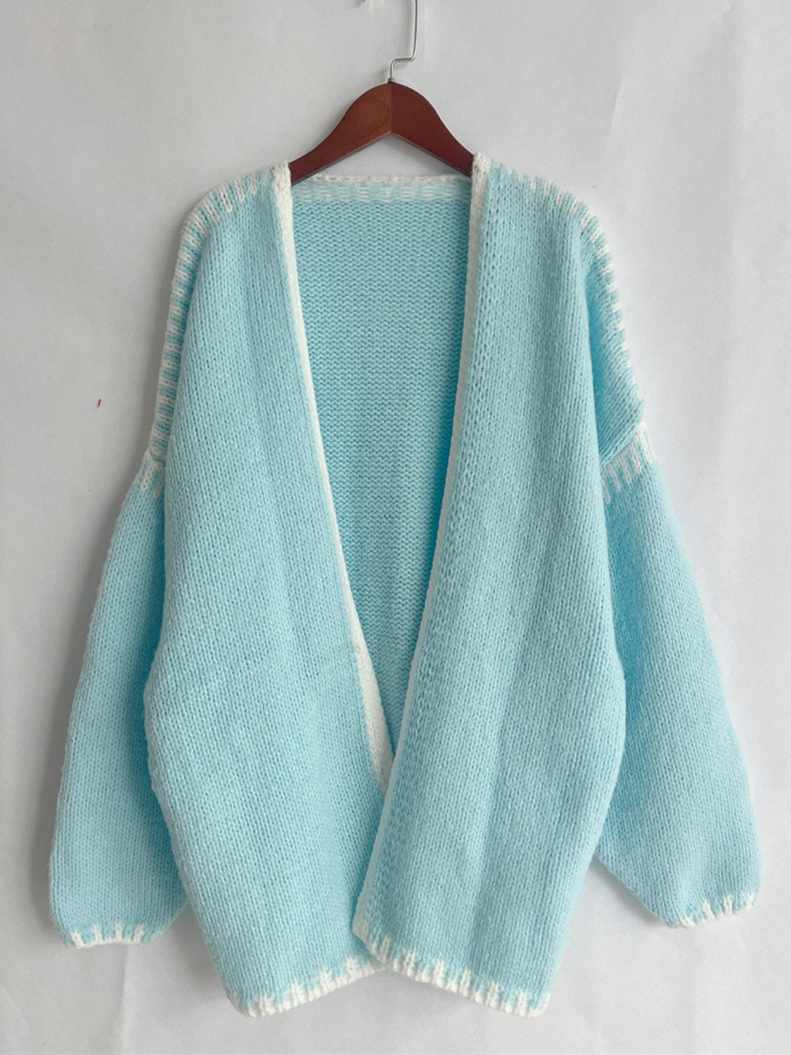 Double Take Contrast Open Front Dropped Shoulder Cardigan - Fashions Envy